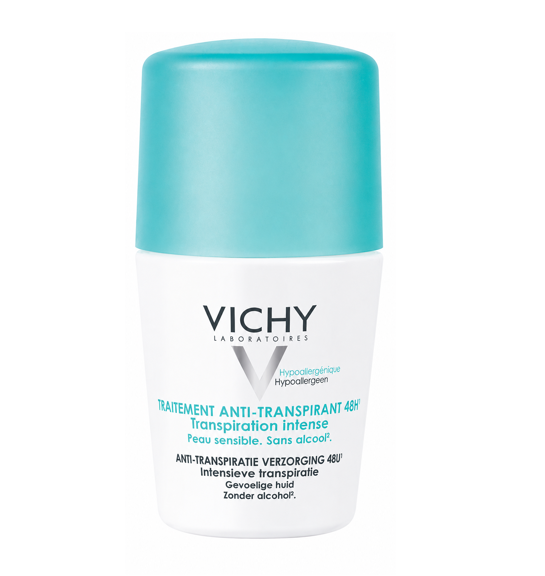 Vichy anti-transpirant roll-on deodorant on a white background