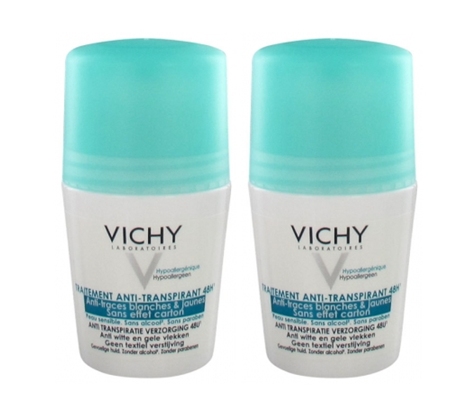 Vichy Anti-Perspirant Anti-Stain Roll-On Deodorant 48H 50ml Pack of 2